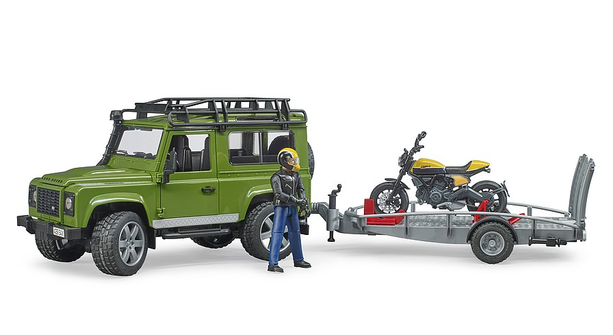 BRUDER 02589 Profi-Serie - Land Rover Defender mit Anhänger und Scrambler Ducati Full Throttle