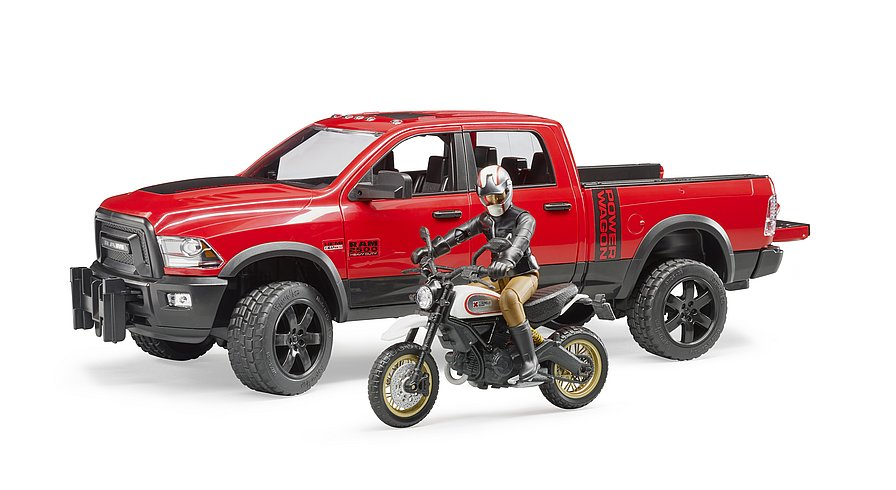 BRUDER 02502 Profi-Serie - RAM 2500 Power Wagon mit Ducati Desert Sled und Fahrer